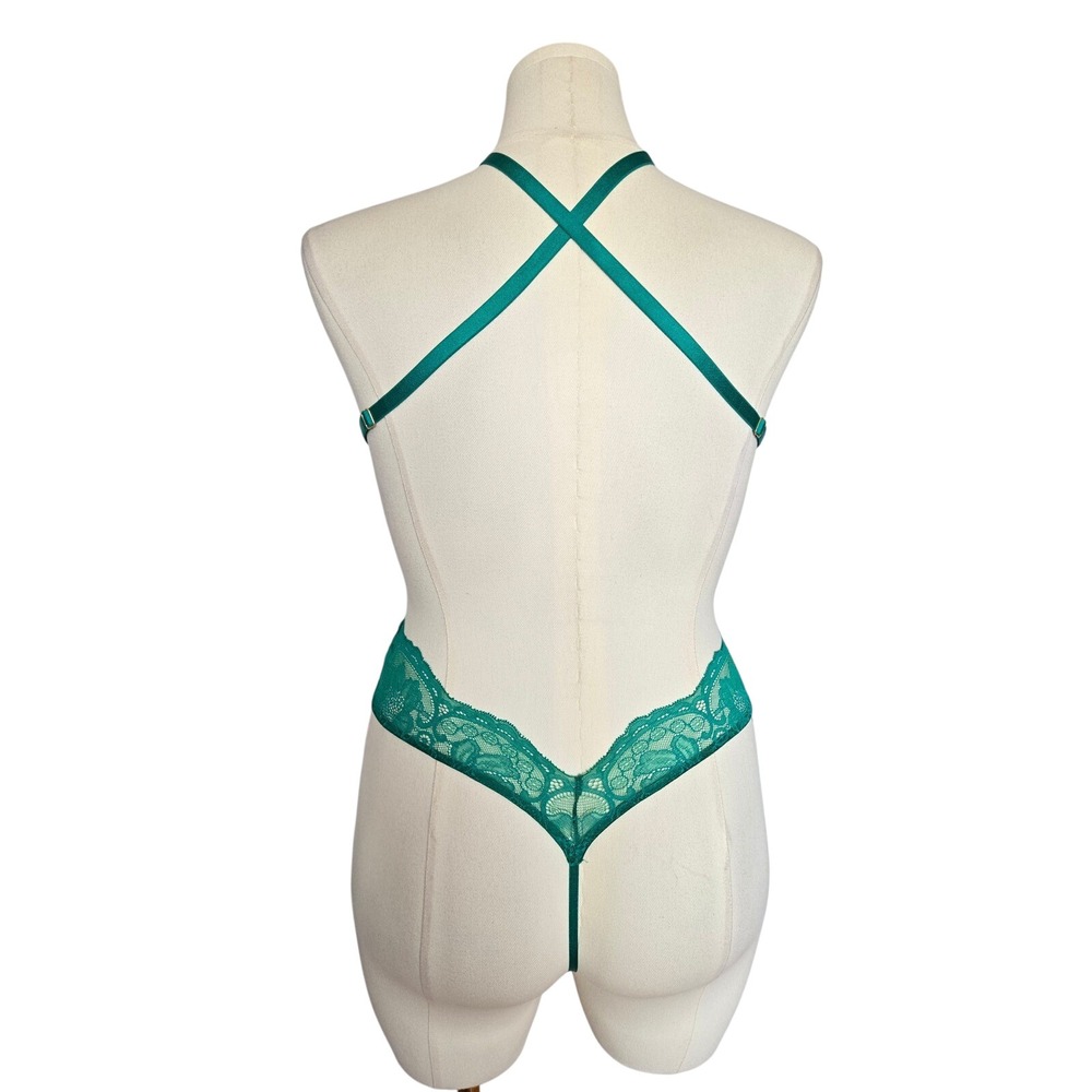 Victoria's Secret Green Lace Cutout Teddy Bodysuit Size L Sexy Gold Chain Glam - Picture 8 of 9